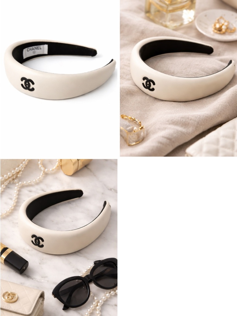 CHANEL Ivory Padded Headband with Black CC Logo